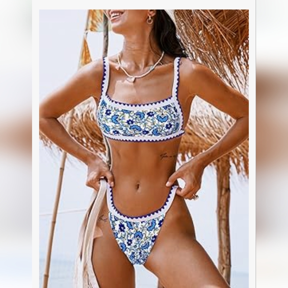 Sexy Thong Bikini Ditsy Floral Color Blue/white sz S - Picture 3 of 8